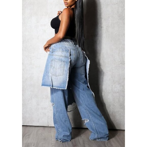 Women Cargo Jeans Ripped Patchwork Wide Leg Denim Pants High Waist Streetwear - Picture 5 of 5